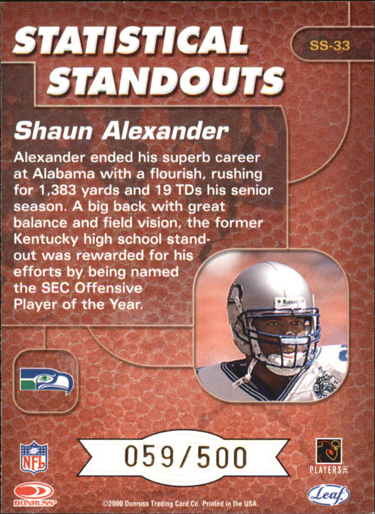2000 Leaf Rookies and Stars Statistical Standouts #SS33 Shaun Alexander back image