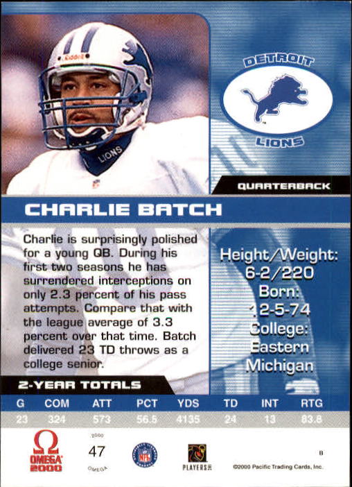 2000 Pacific Omega #47 Charlie Batch back image