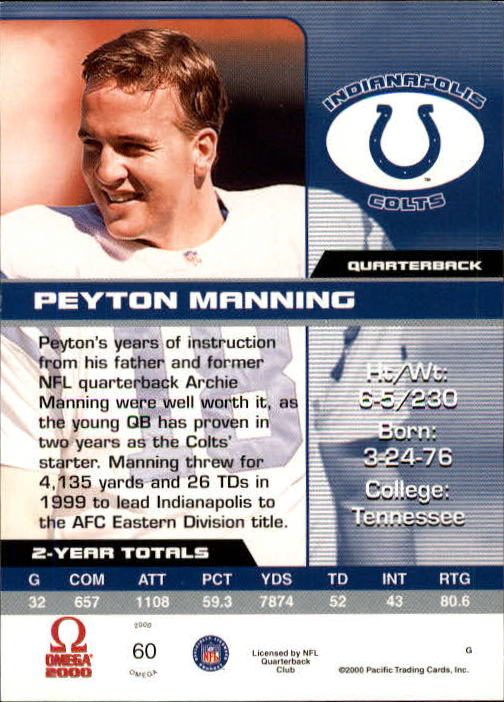 2000 Pacific Omega #60 Peyton Manning back image