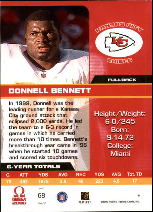 2000 Pacific Omega #68 Donnell Bennett back image