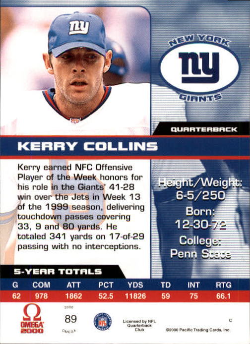 2000 Pacific Omega #89 Kerry Collins back image