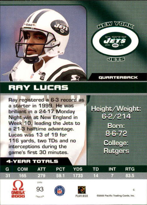 2000 Pacific Omega #93 Ray Lucas back image