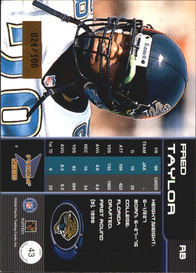2000 Pacific Prism Prospects Holographic Blue #43 Fred Taylor back image