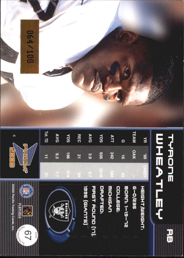 2000 Pacific Prism Prospects Holographic Blue #67 Tyrone Wheatley back image