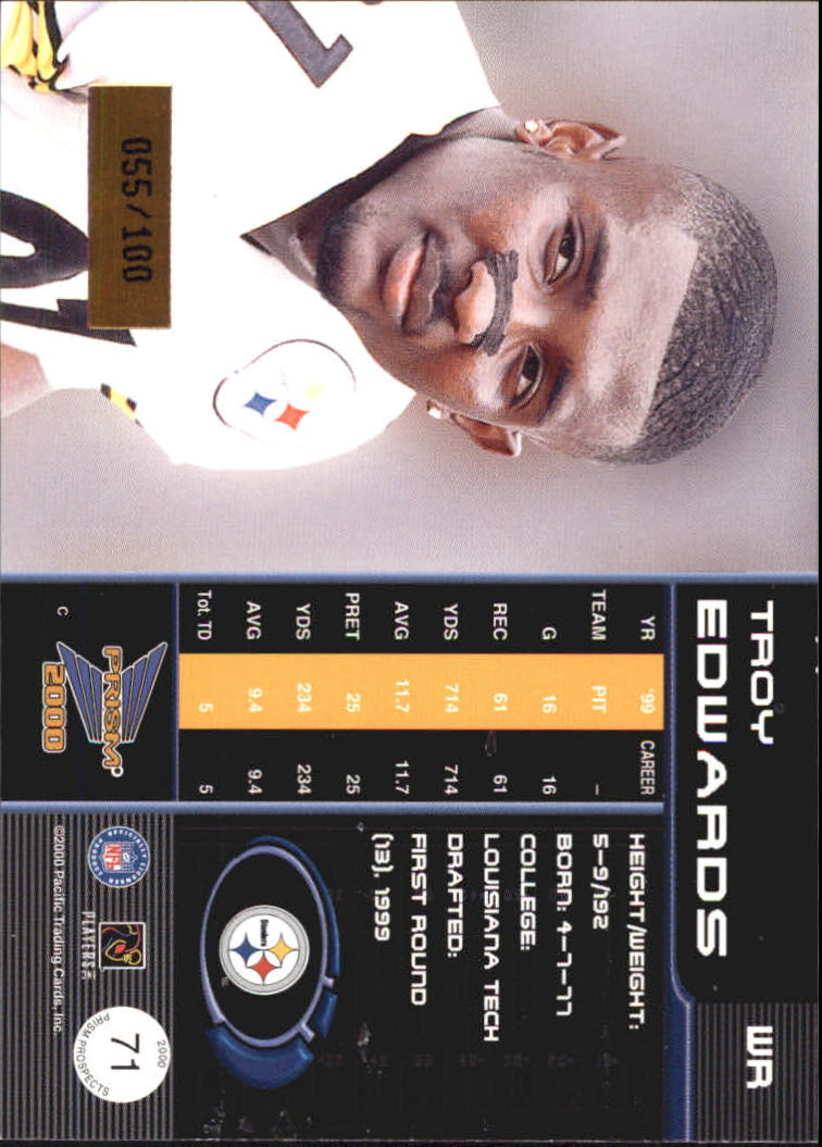 2000 Pacific Prism Prospects Holographic Blue #71 Troy Edwards back image