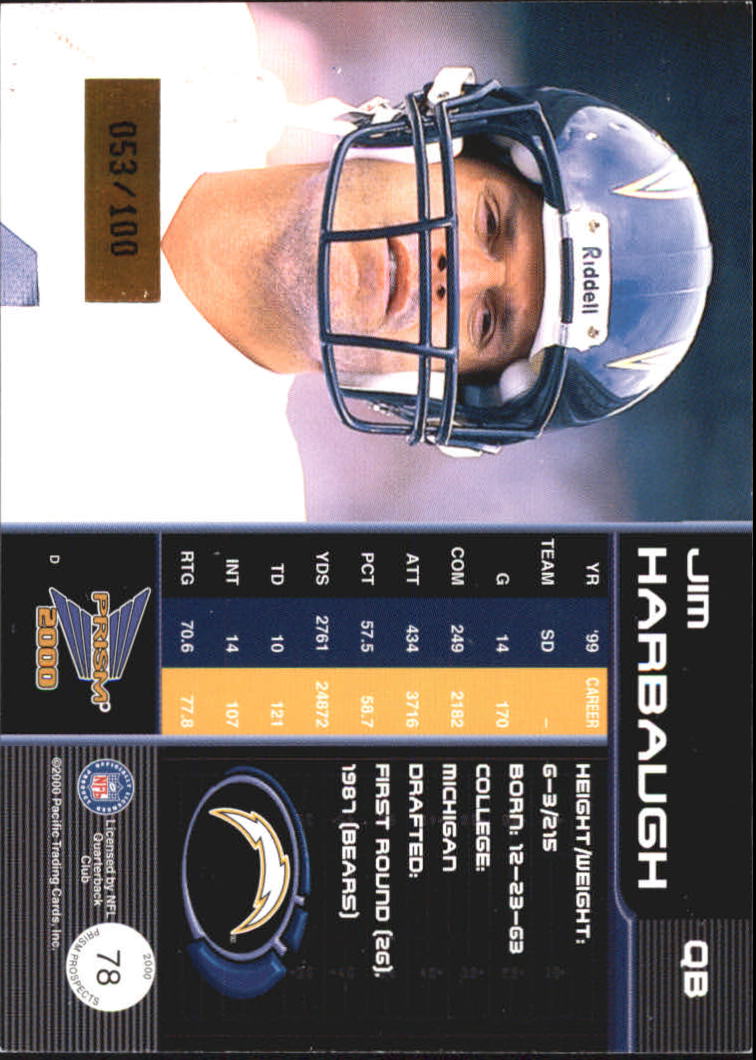 2000 Pacific Prism Prospects Holographic Blue #78 Jim Harbaugh back image