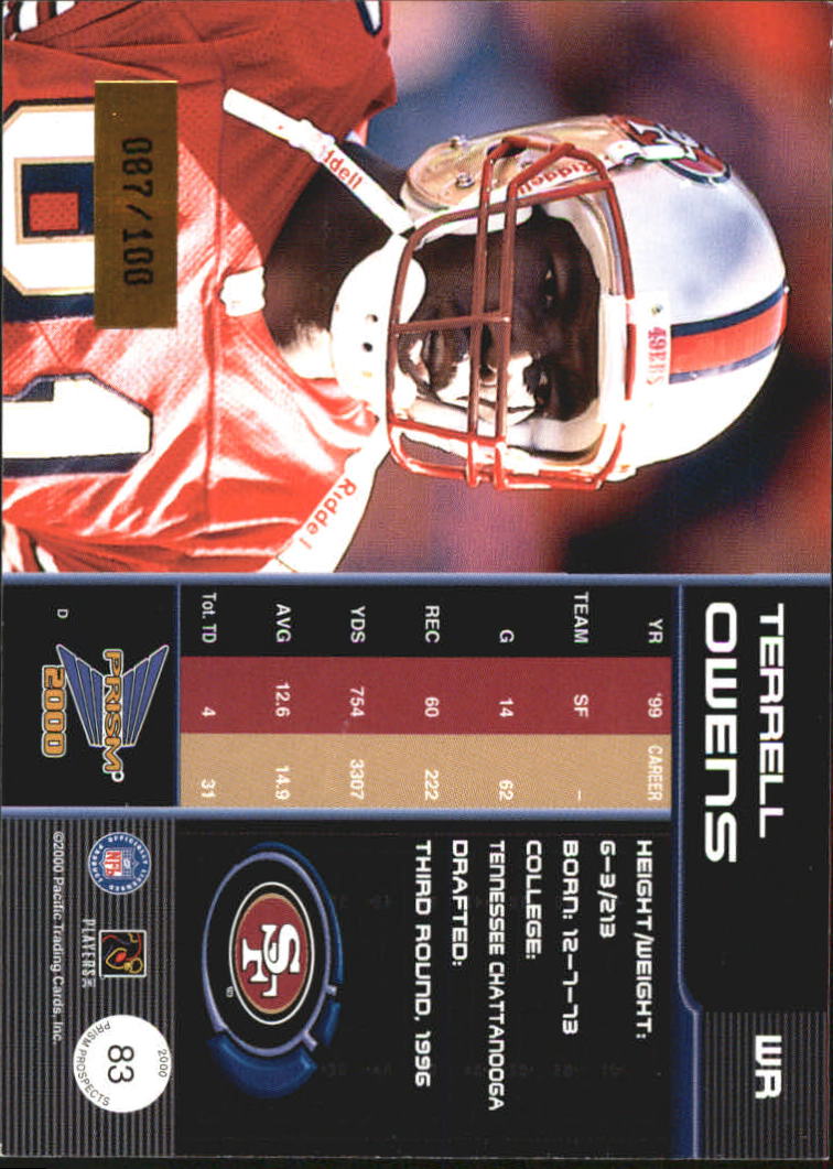 2000 Pacific Prism Prospects Holographic Blue #83 Terrell Owens back image