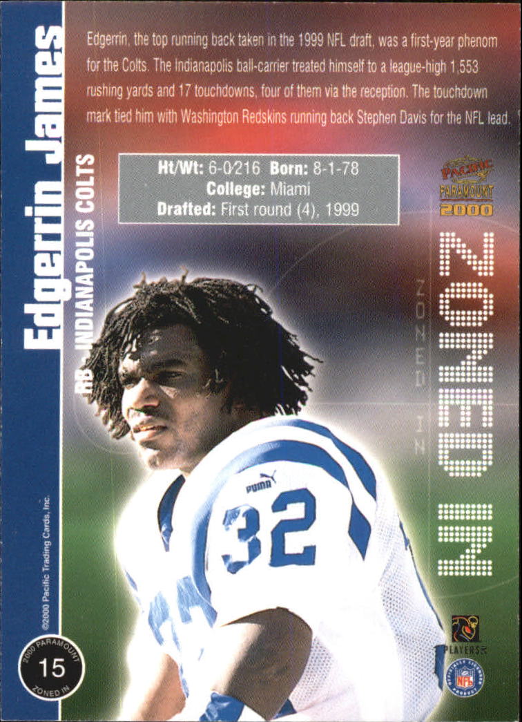 2000 Paramount Zoned In #15 Edgerrin James back image