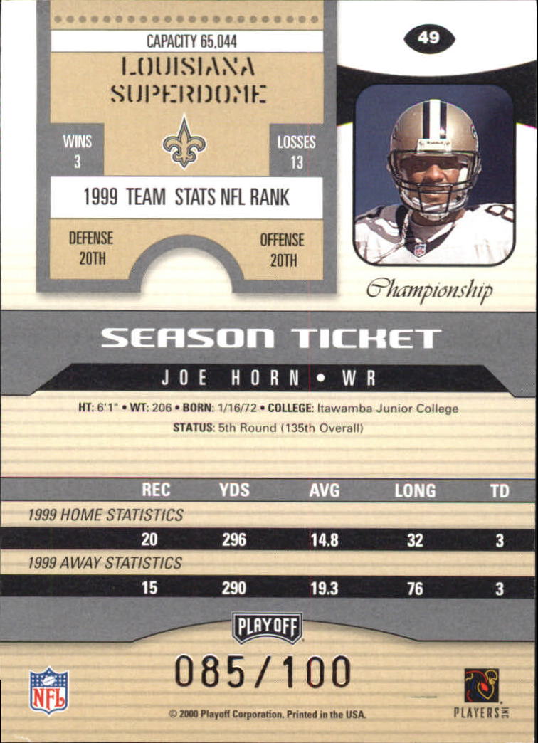 2000 Playoff Contenders Championship Ticket #49 Joe Horn back image