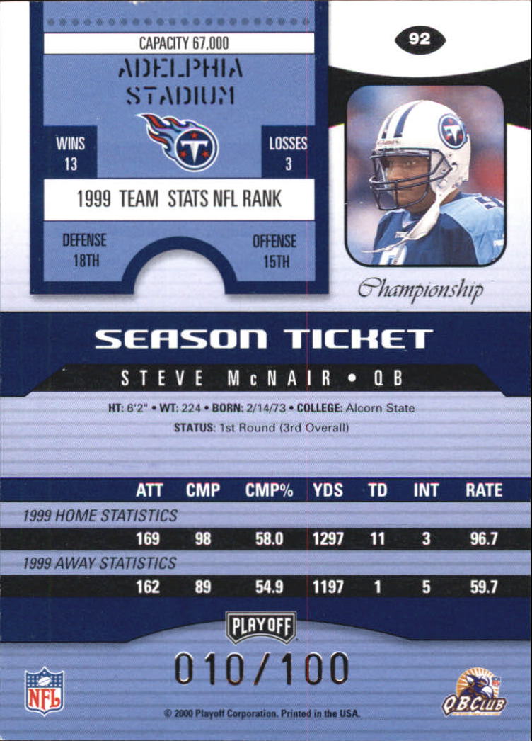 2000 Playoff Contenders Championship Ticket #92 Steve McNair back image