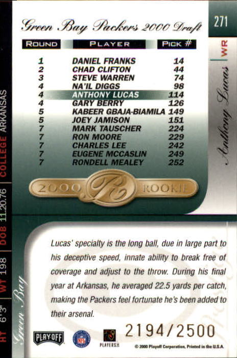 2000 Playoff Prestige #271 Anthony Lucas RC back image