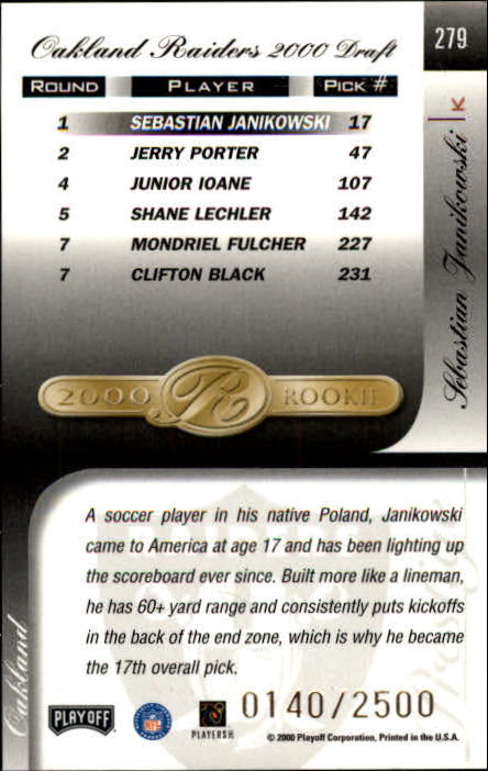 2000 Playoff Prestige #279 Sebastian Janikowski RC back image