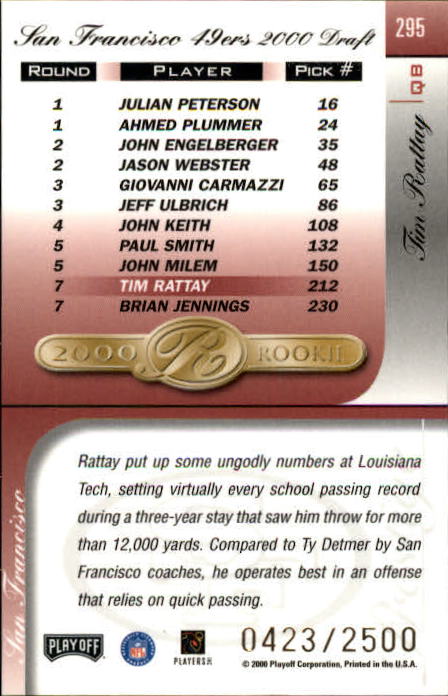 2000 Playoff Prestige #295 Tim Rattay RC back image
