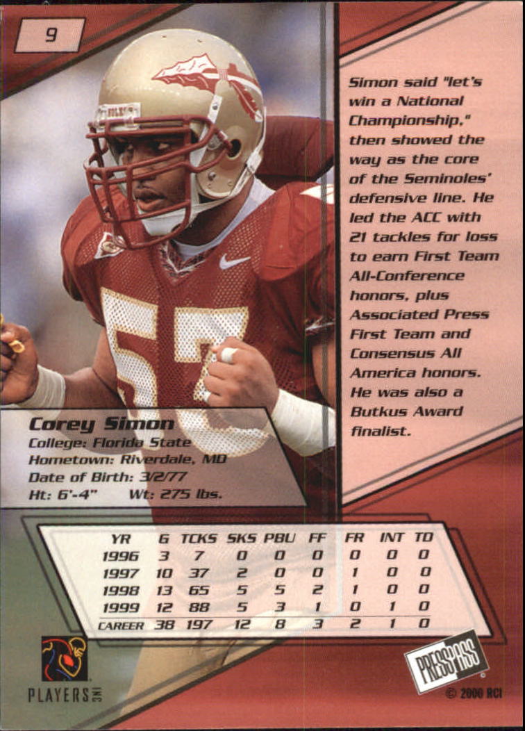 2000 Press Pass #9 Corey Simon back image