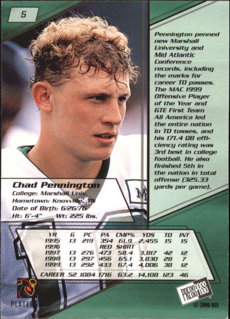 2000 Press Pass Gold Zone #5 Chad Pennington back image
