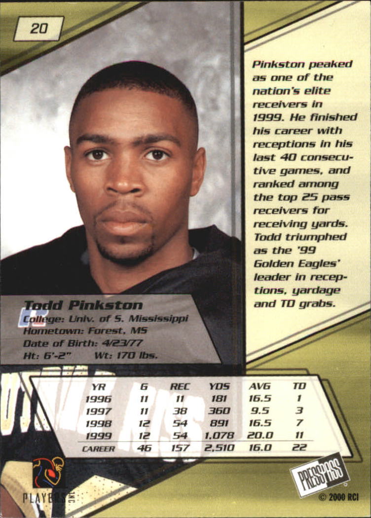 2000 Press Pass Gold Zone #20 Todd Pinkston back image