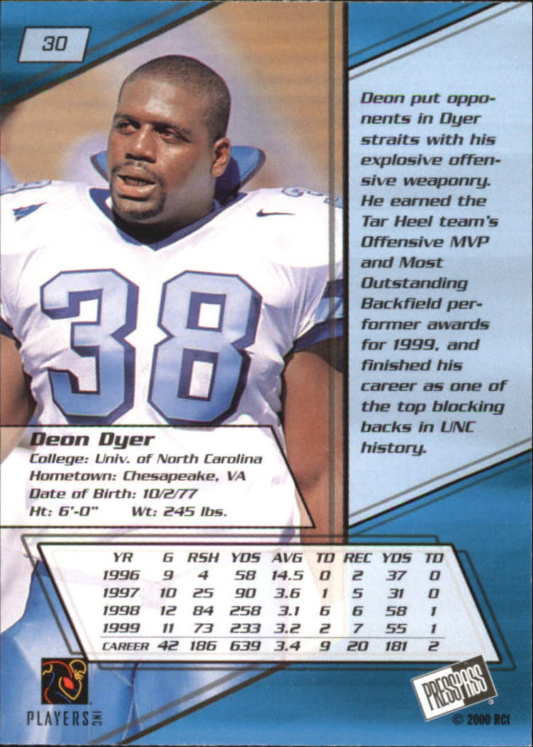 2000 Press Pass Gold Zone #30 Deon Dyer back image