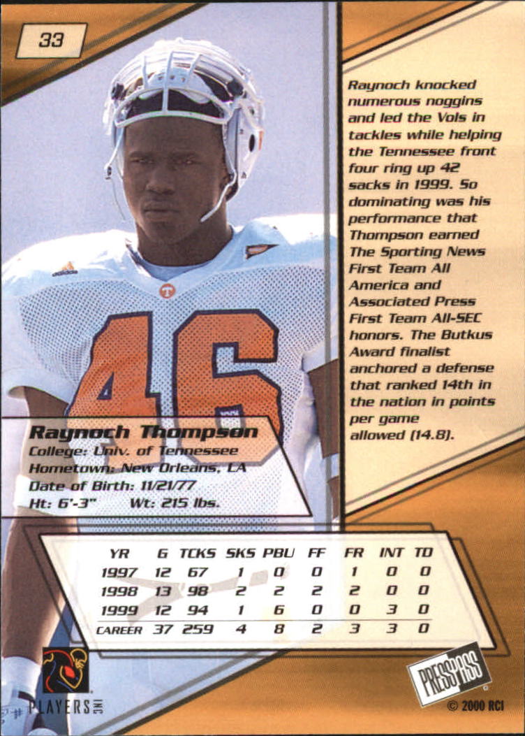 2000 Press Pass Gold Zone #33 Raynoch Thompson back image