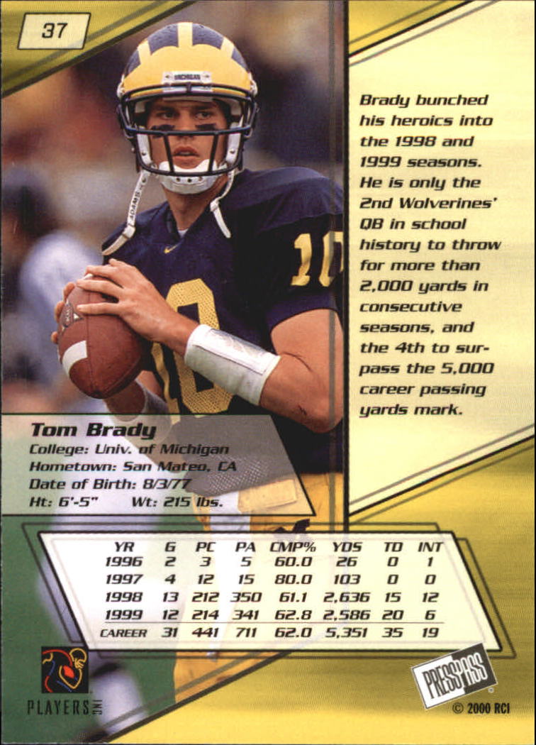 2000 Press Pass Gold Zone #37 Tom Brady back image
