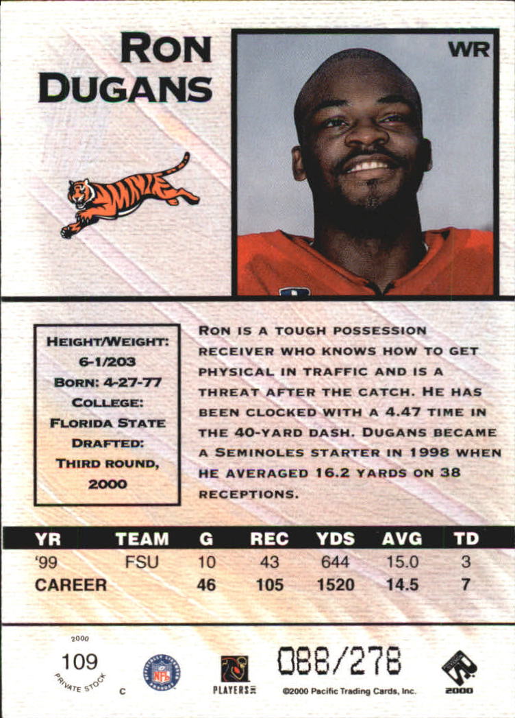 2000 Private Stock #109 Ron Dugans RC back image