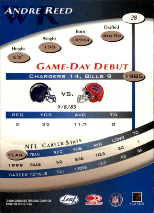 2000 Quantum Leaf #28 Andre Reed back image