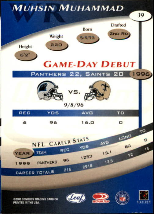 2000 Quantum Leaf #39 Muhsin Muhammad back image