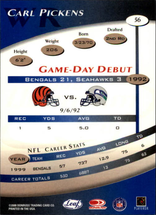 2000 Quantum Leaf #56 Carl Pickens back image