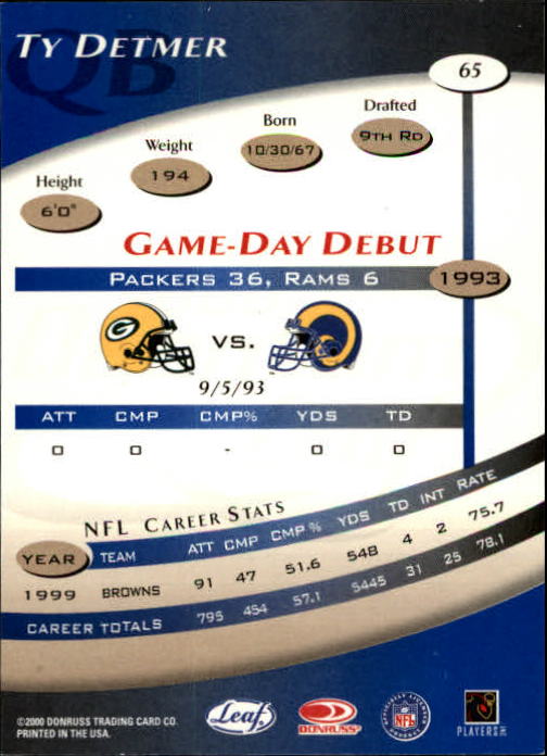 2000 Quantum Leaf #65 Ty Detmer back image