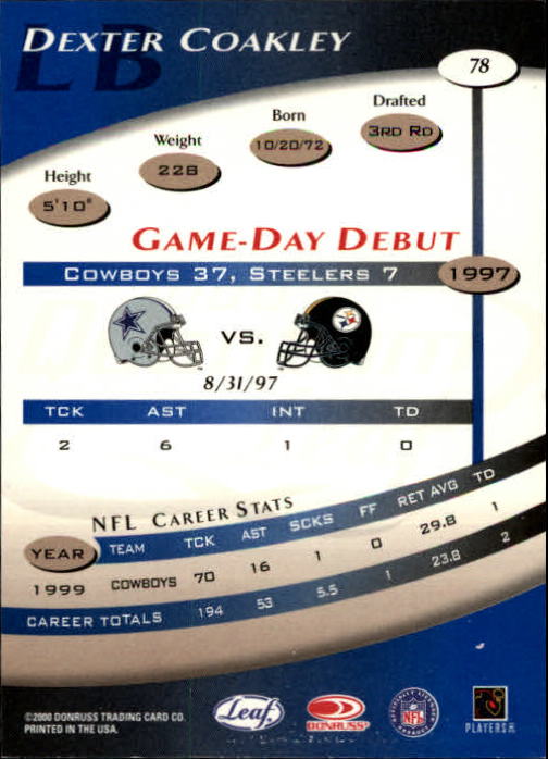 2000 Quantum Leaf #78 Dexter Coakley back image
