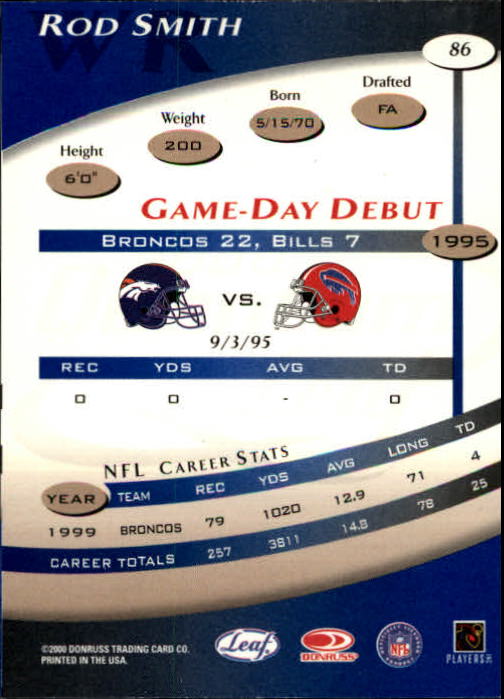 2000 Quantum Leaf #86 Rod Smith back image