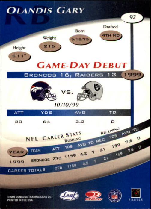 2000 Quantum Leaf #92 Olandis Gary back image