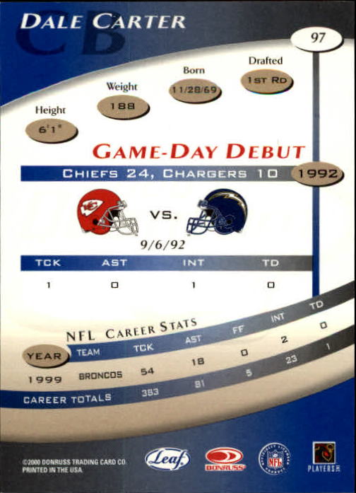 2000 Quantum Leaf #97 Dale Carter back image