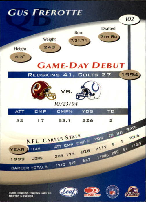 2000 Quantum Leaf #102 Gus Frerotte back image