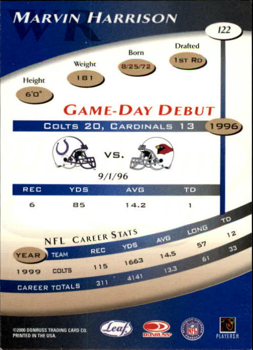 2000 Quantum Leaf #122 Marvin Harrison back image