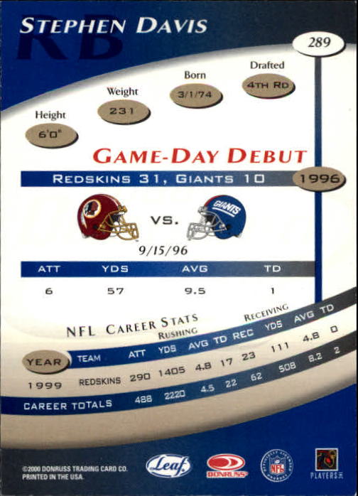 2000 Quantum Leaf #289 Stephen Davis back image