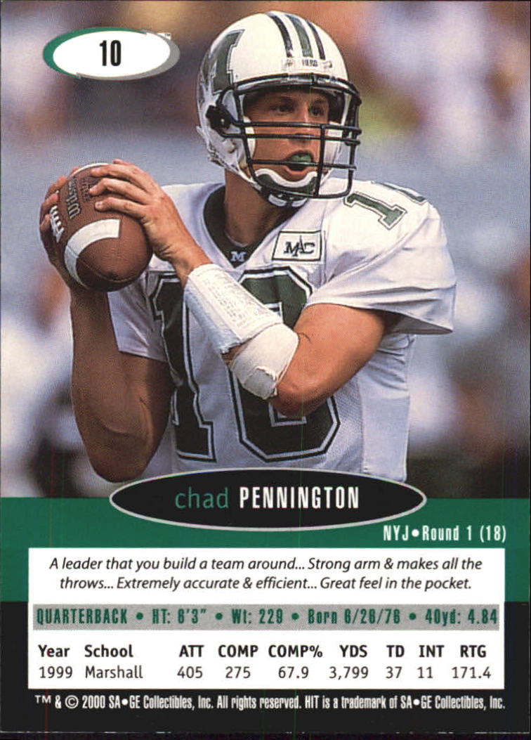 2000 SAGE HIT #10 Chad Pennington back image