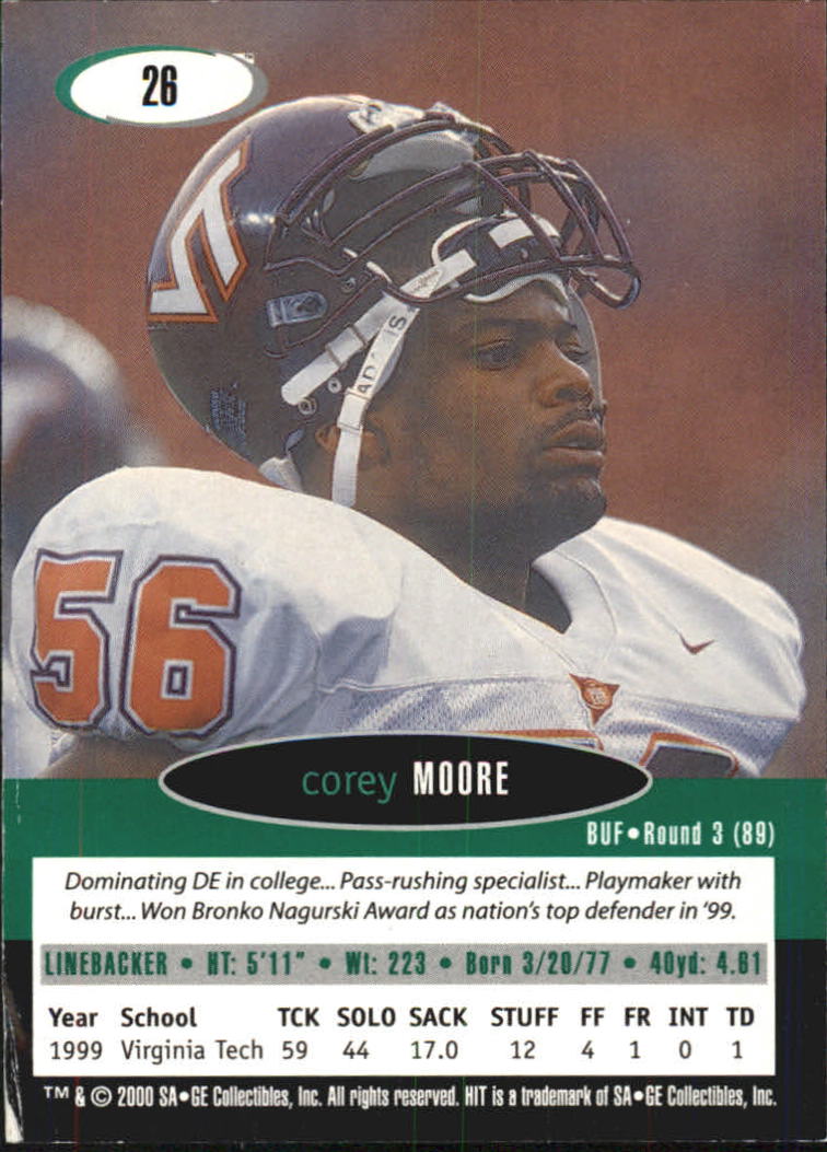 2000 SAGE HIT #26 Corey Moore back image
