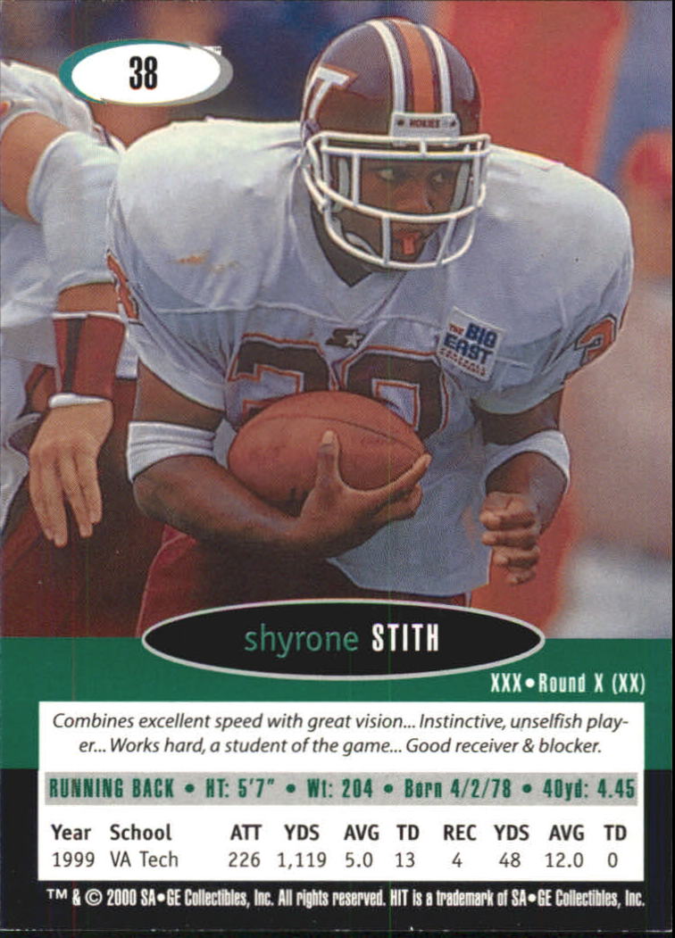 2000 SAGE HIT #38 Shyrone Stith back image