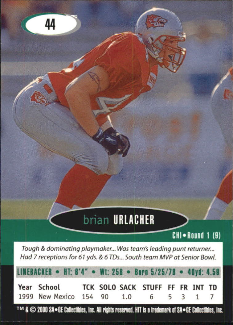 2000 SAGE HIT #44 Brian Urlacher back image