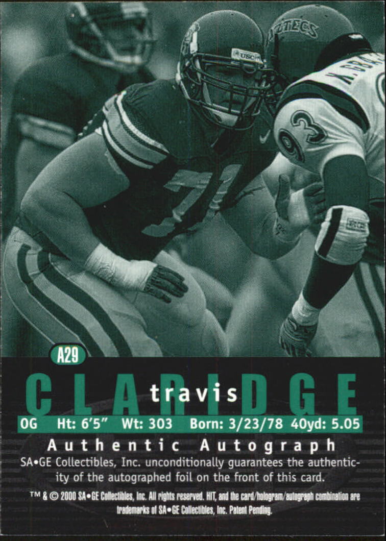 2000 SAGE HIT Autographs Emerald #29 Travis Claridge back image
