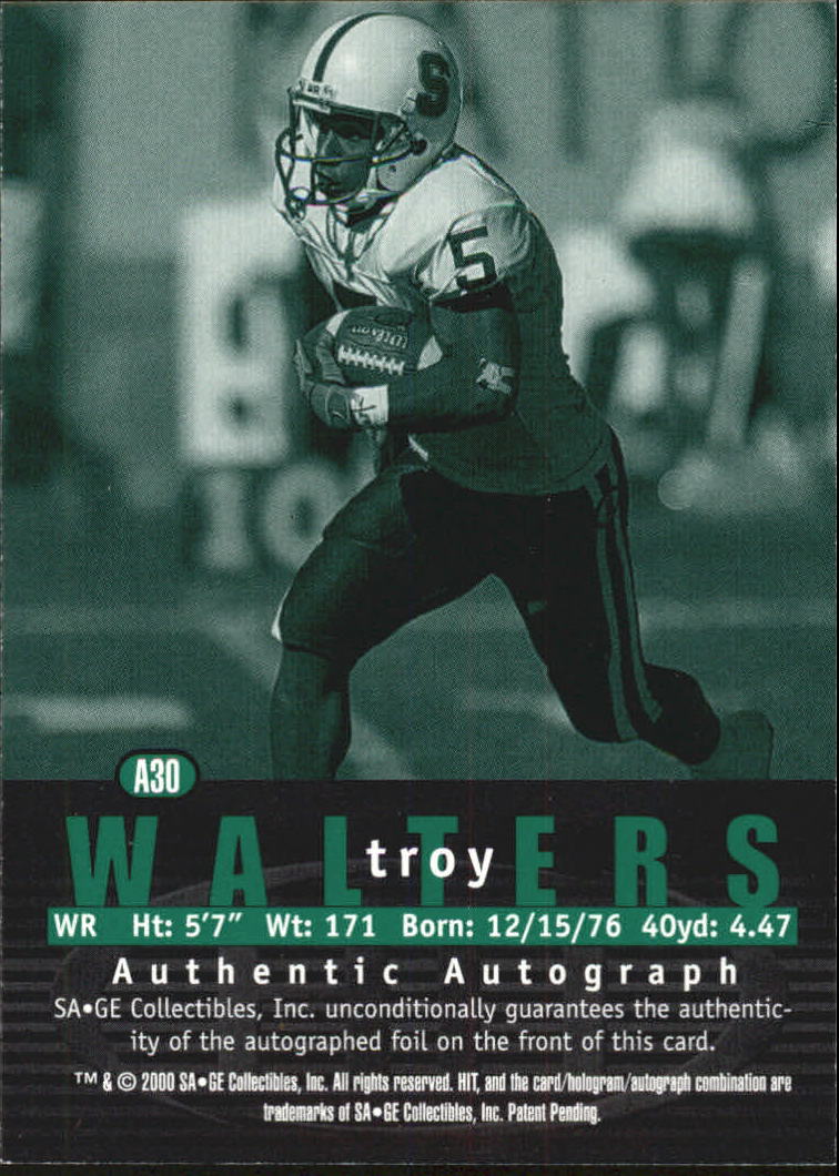 2000 SAGE HIT Autographs Emerald #30 Troy Walters back image