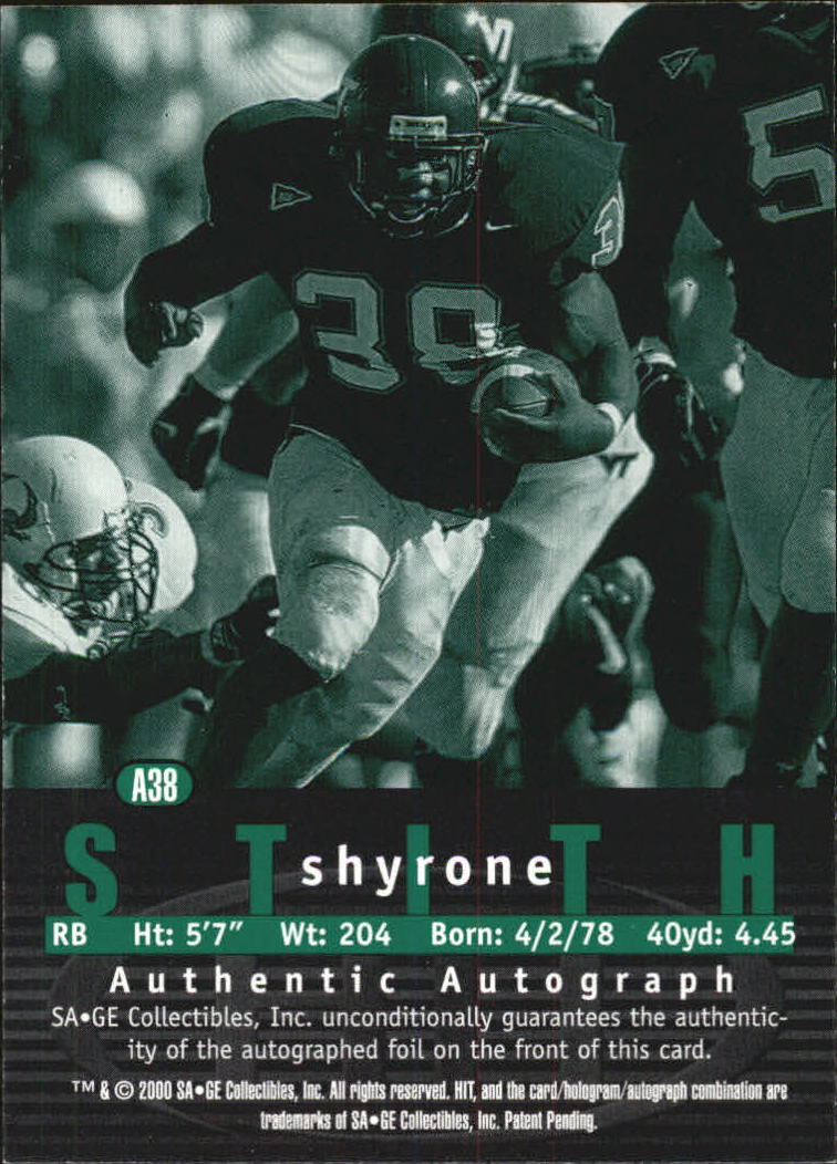 2000 SAGE HIT Autographs Emerald #38 Shyrone Stith back image