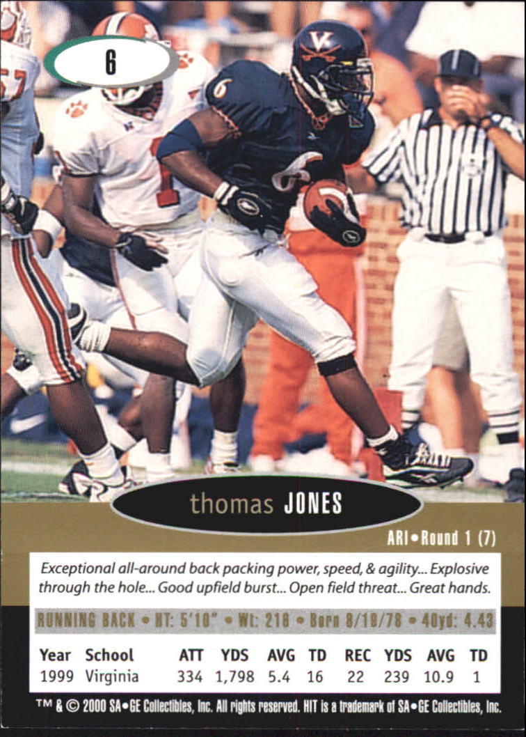 2000 SAGE HIT NRG #6 Thomas Jones back image