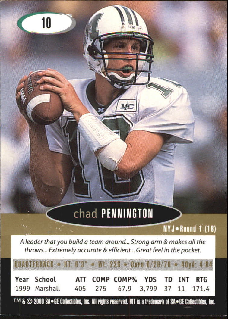 2000 SAGE HIT NRG #10 Chad Pennington back image