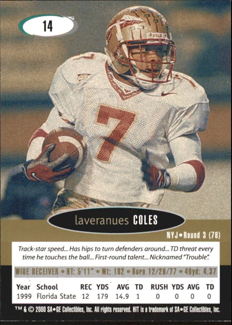 2000 SAGE HIT NRG #14 Laveranues Coles back image