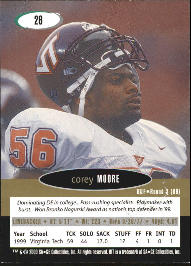 2000 SAGE HIT NRG #26 Corey Moore back image