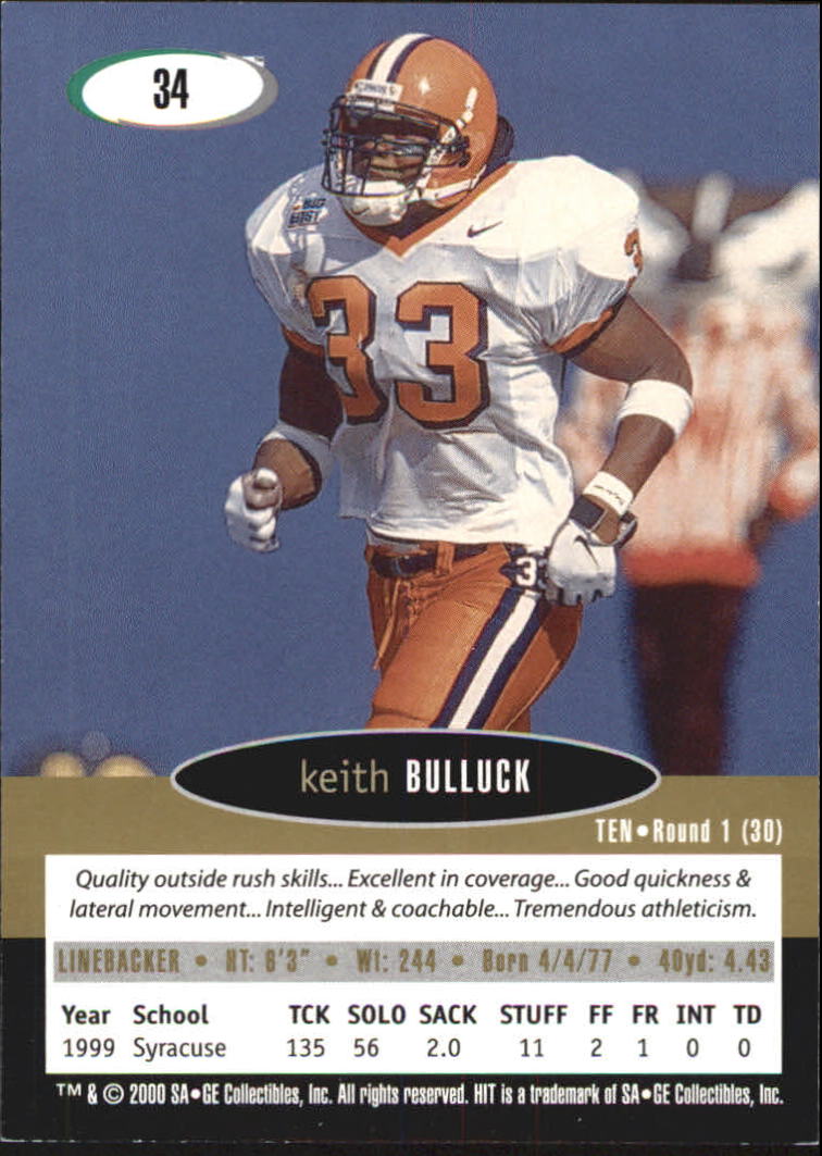 2000 SAGE HIT NRG #34 Keith Bulluck back image