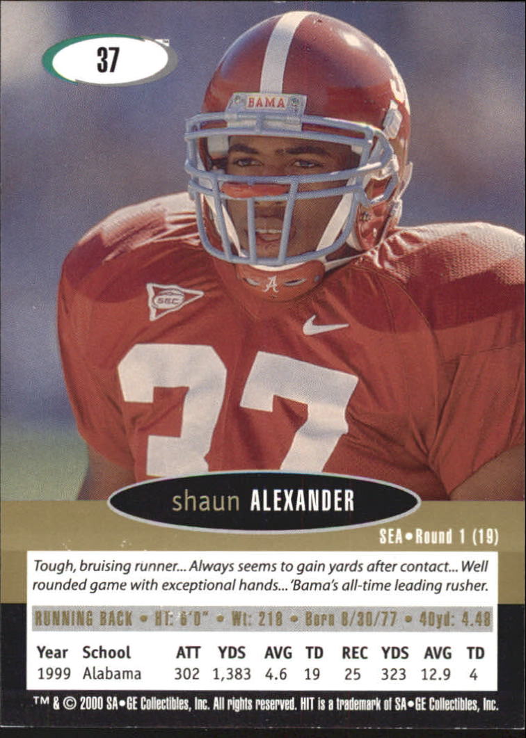 2000 SAGE HIT NRG #37 Shaun Alexander back image