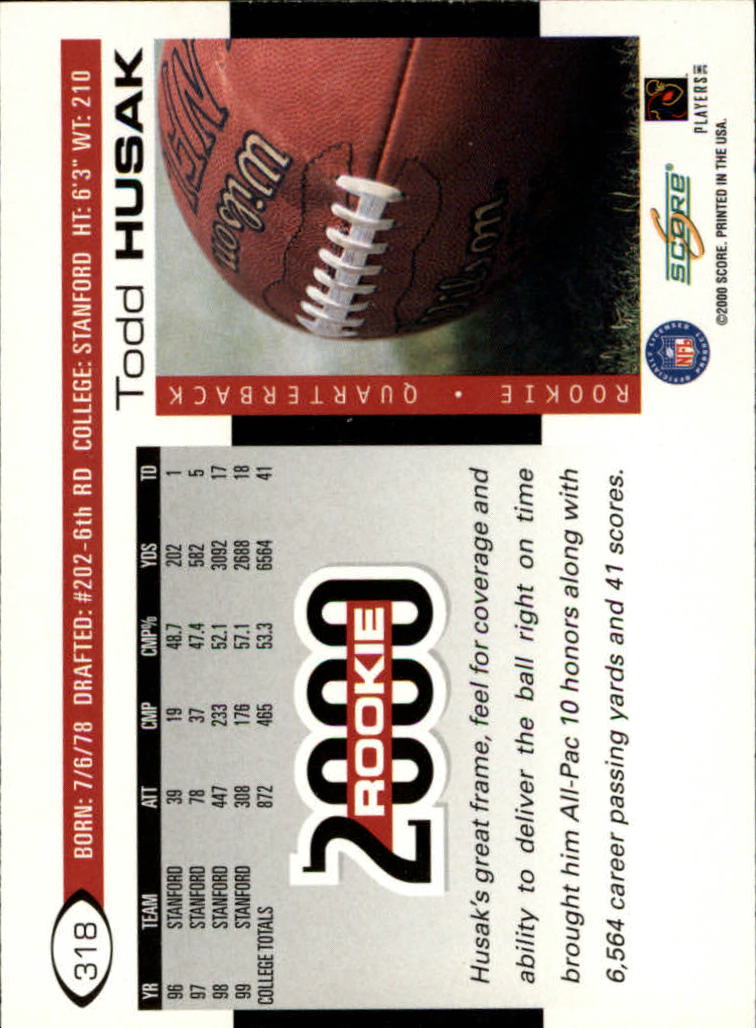 2000 Score #318 Todd Husak RC back image