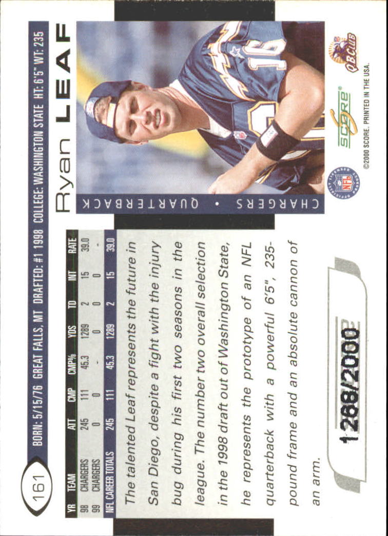 2000 Score Scorecard #161 Ryan Leaf back image
